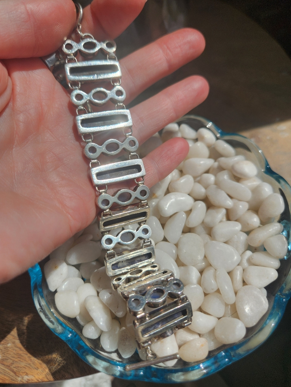 Vintage 925 PB Sterling Silver Blue Sodalite And Chalcedony Link Bracelet - Picture 4 of 9